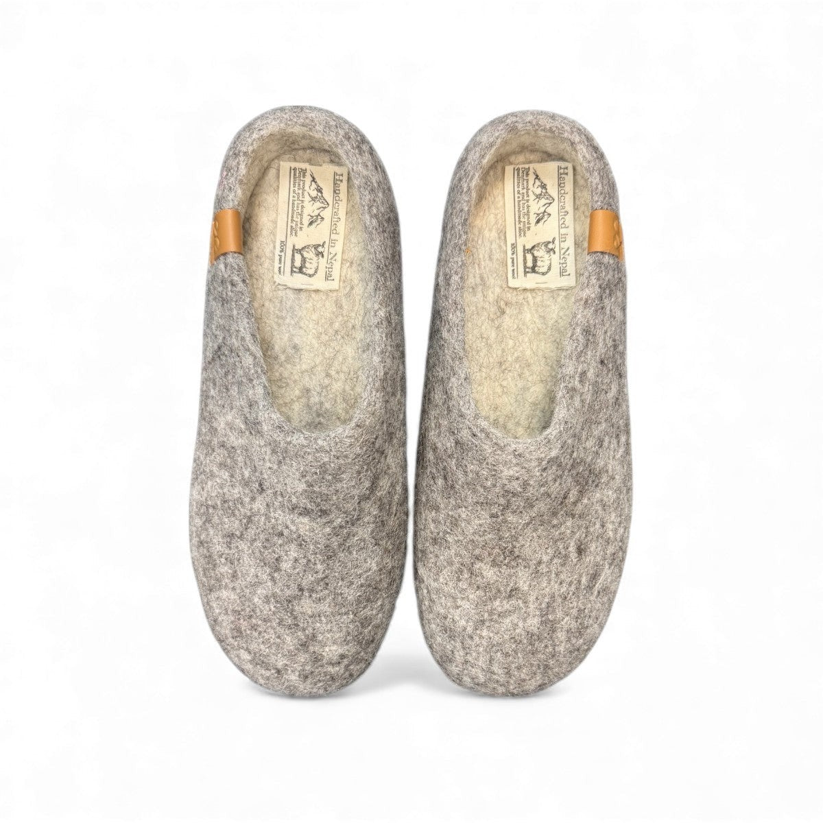 wool by green Makalu grey wool slippers with a brown EnergySole insole and artisan-signed leather tag side view