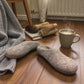 wool by green Makalu grey wool slippers with a brown EnergySole insole and artisan-signed leather tag side view