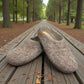 wool by green Makalu grey wool slippers with a brown EnergySole insole and artisan-signed leather tag side view