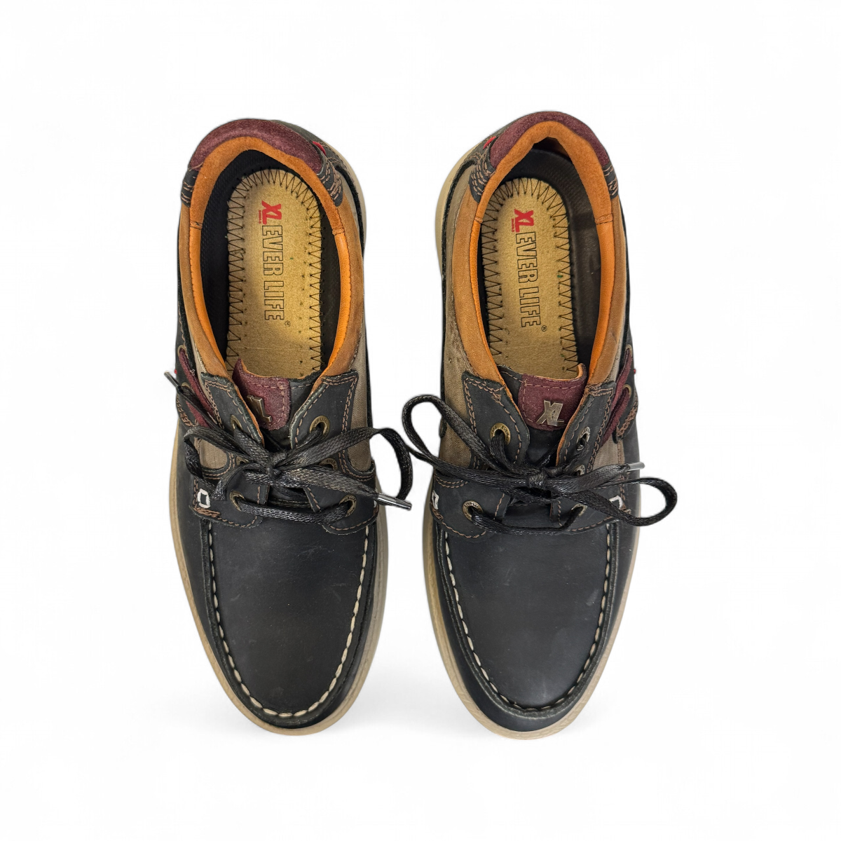 XL EVER LIFE MIAD casual shoe in tan and dark blue leather with a thick beige rubber sole. Photo of upper view.