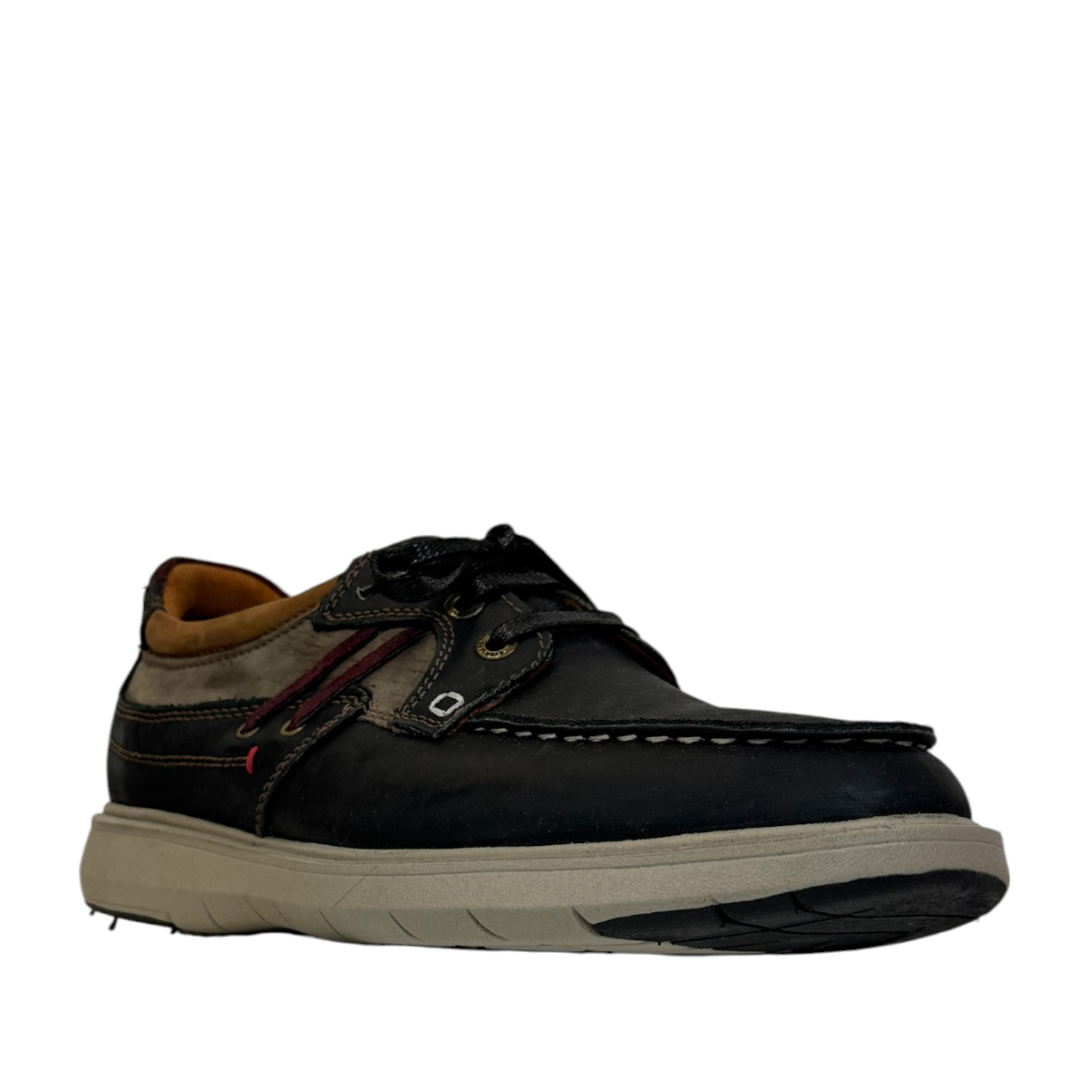 XL EVER LIFE MIAD casual shoe in tan and dark blue leather with a thick beige rubber sole. Photo of front side view.