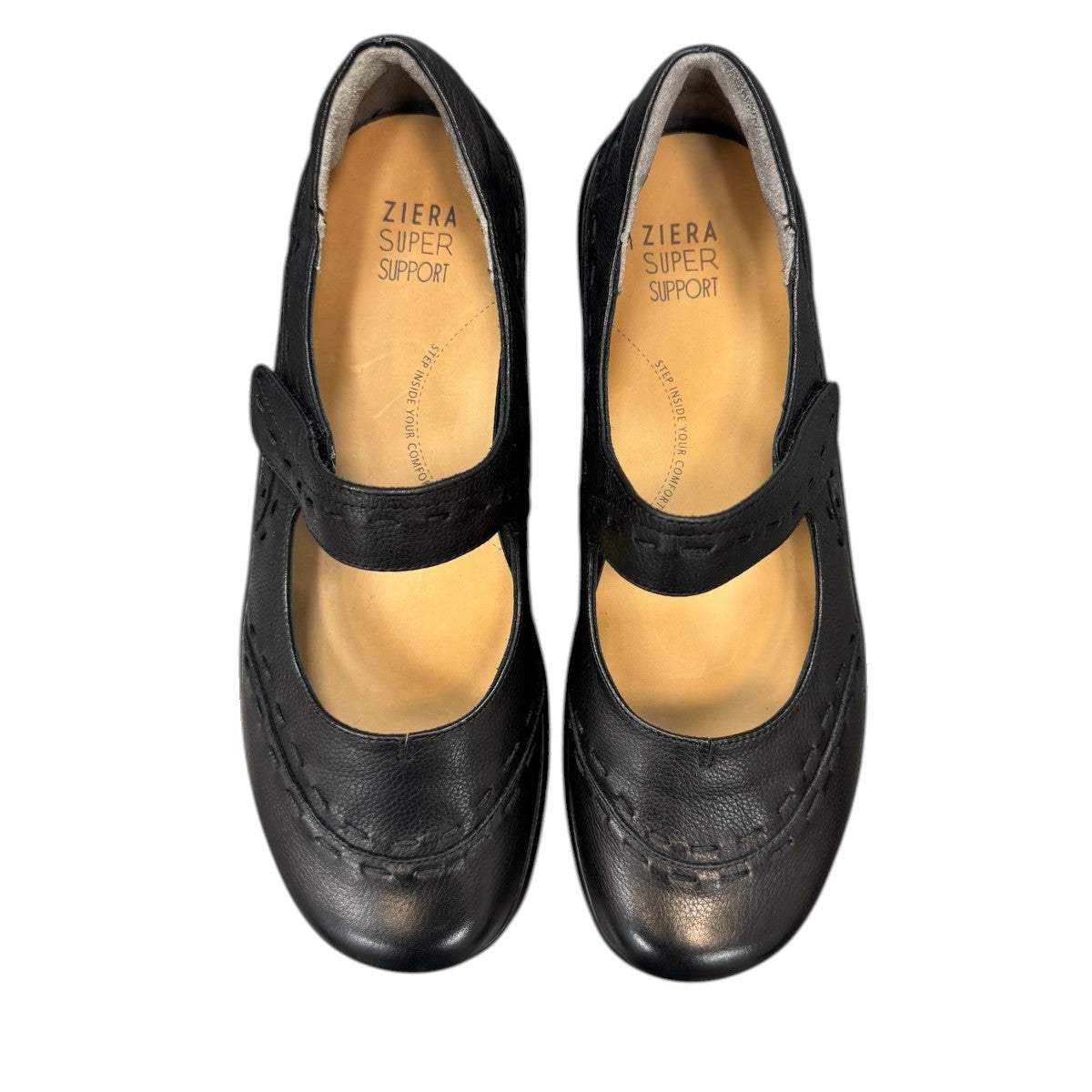 Ziera Gummibear black leather Mary Jane flats with arch support and adjustable strap.
photo of the top side