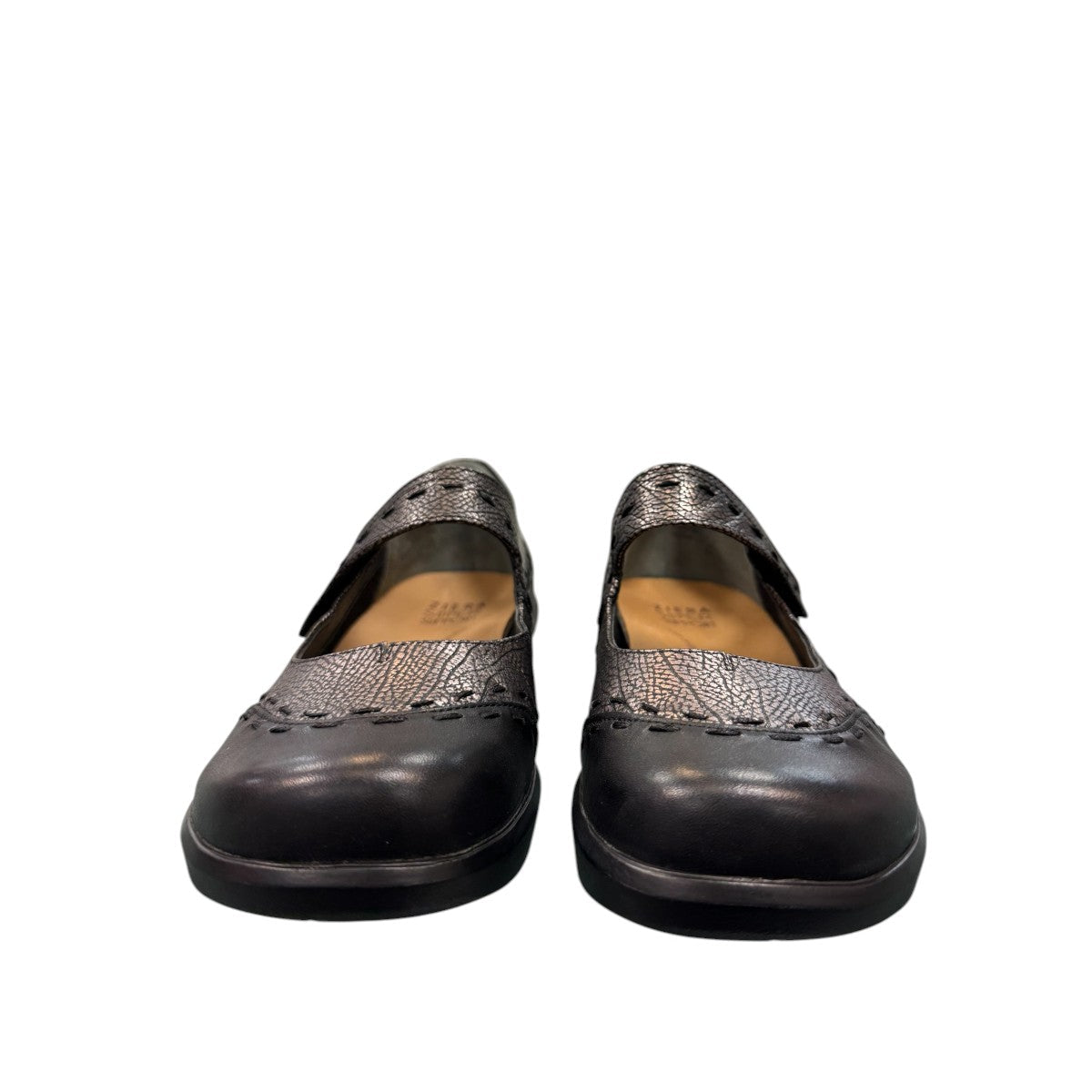 Ziera Gummibear Mary Jane flats in black antique pewter leather with supportive molded sole and strap.
photo of the front side