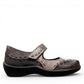 Ziera Gummibear Mary Jane flats in black antique pewter leather with supportive molded sole and strap.
photo of the right side