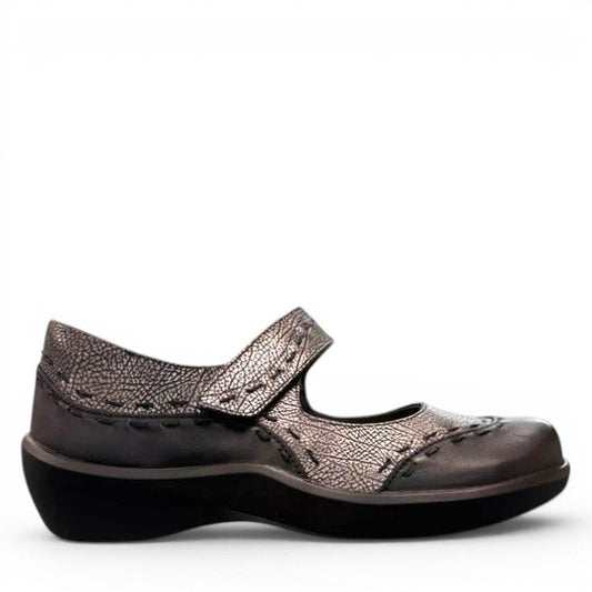 Ziera Gummibear Mary Jane flats in black antique pewter leather with supportive molded sole and strap.
photo of the right side